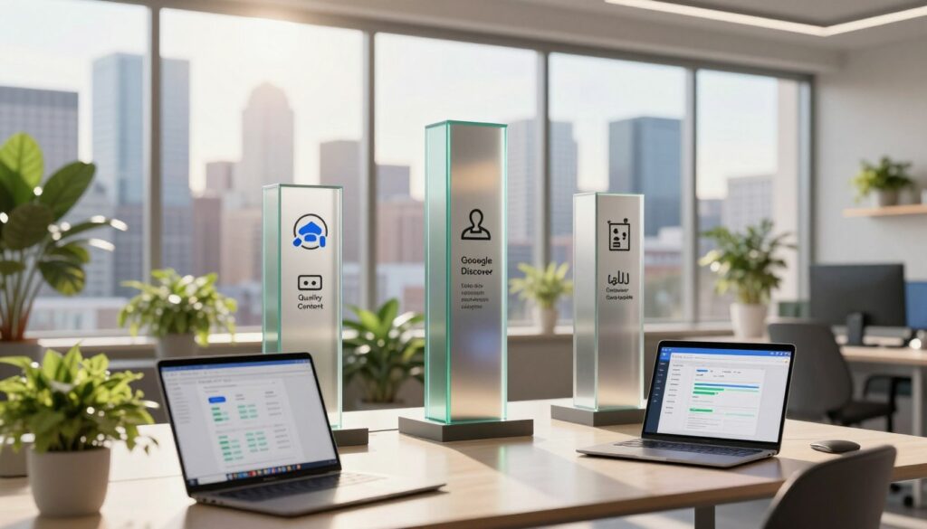 A professional workspace featuring three pillars representing the core elements of the Google Discover Core Update. In the foreground, a sleek, modern desk with a laptop displaying analytics, surrounded by vibrant green plants. In the middle ground, three elegantly designed pillars made of glass and metal, each inscribed with icons symbolizing quality content, user engagement, and data-driven insights. The background shows a large window with a dynamic city skyline, sunlight streaming in, casting soft shadows. The atmosphere is bright and optimistic, suggesting innovation and progress. Use warm lighting to enhance the inviting mood, with a subtle depth of field to emphasize the pillars in focus while keeping the workspace slightly out of focus. Capture the image from a slightly elevated angle to convey depth and perspective.